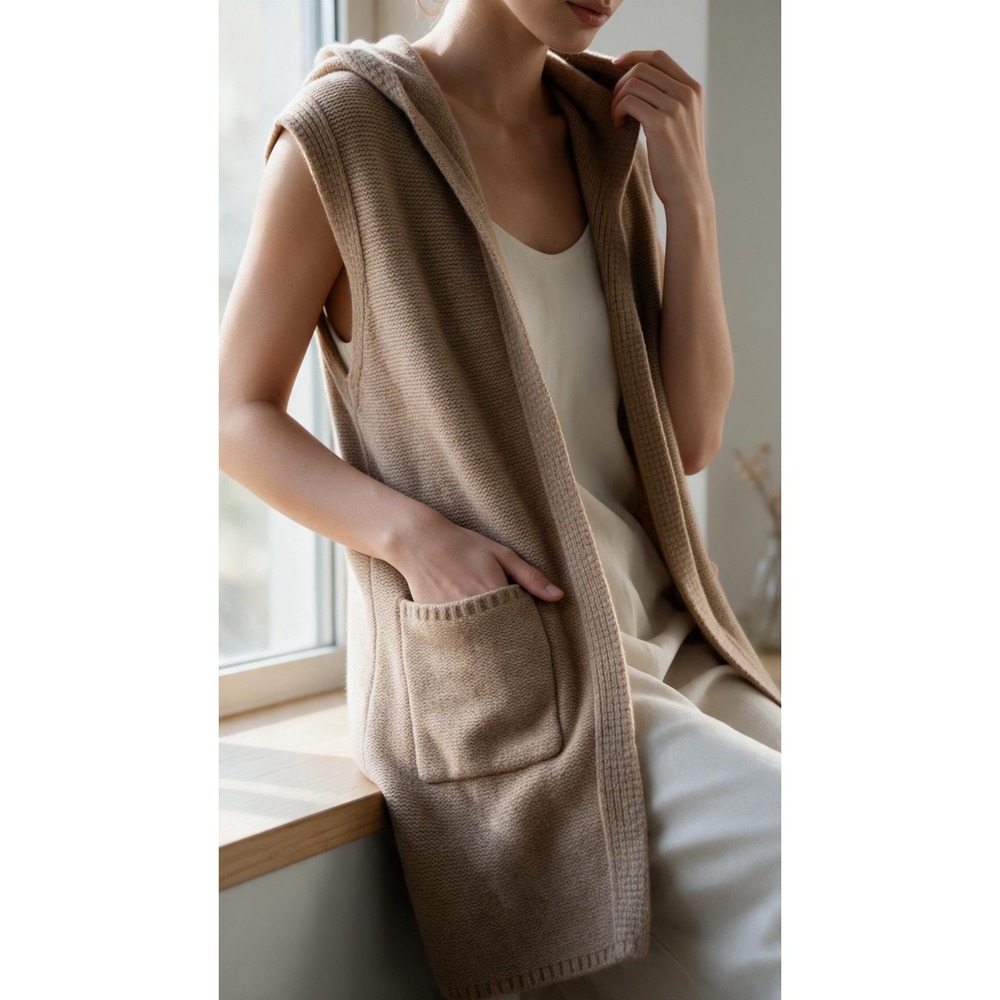 Tahari Womens Camel Tan Wool Blend Sleeveless Hooded Sweater Vest XS Longline